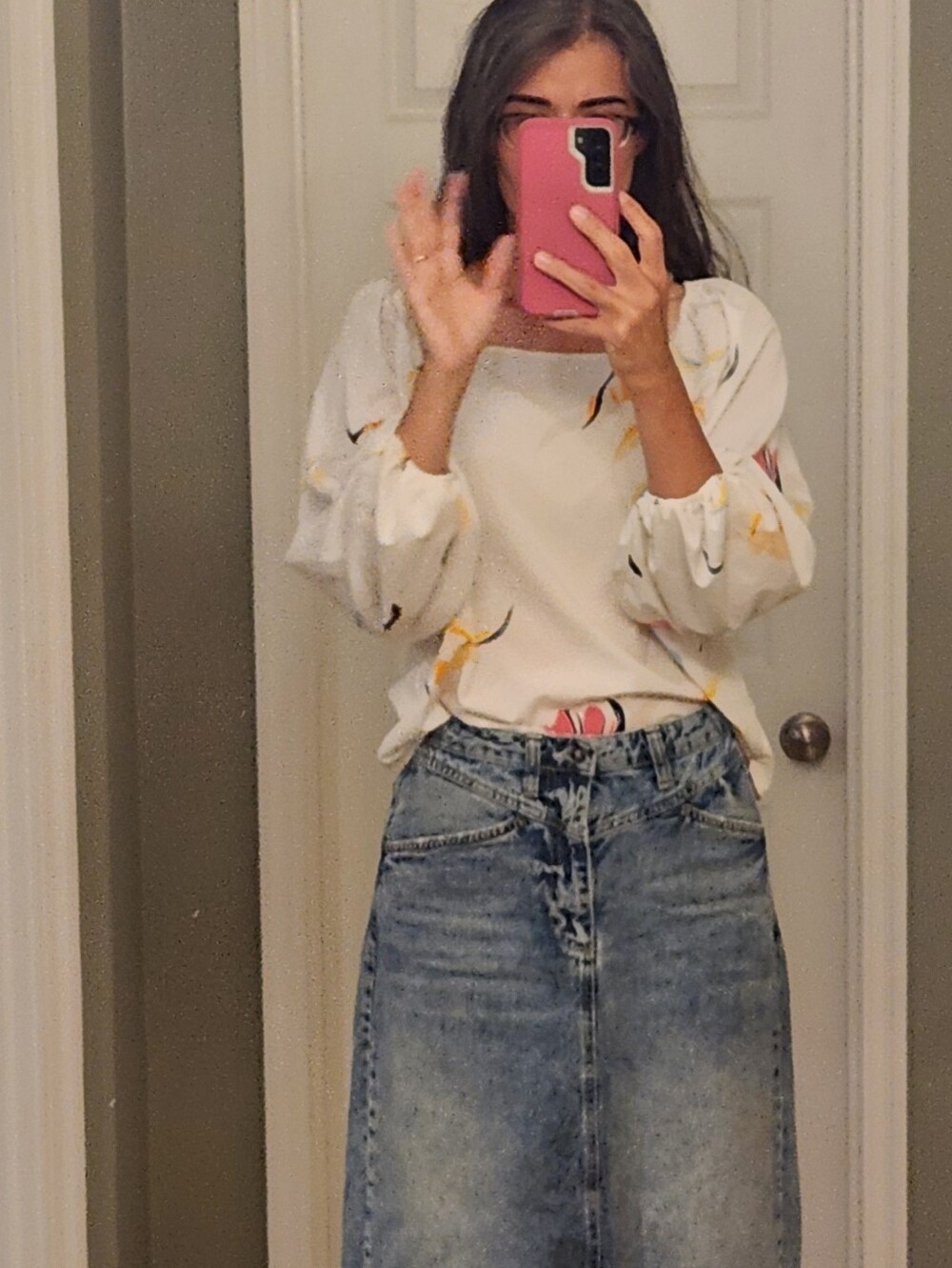 A New Day White Floral Square-Neck Long Sleeve Blouse Size M Unique Fit - Picture 2 of 14